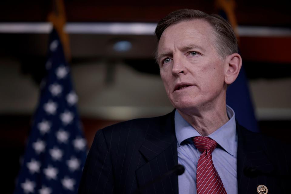 Rep. Paul Gosar, R-Ariz., speaks at a news conference at the U.S. Capitol on Dec. 7, 2021.