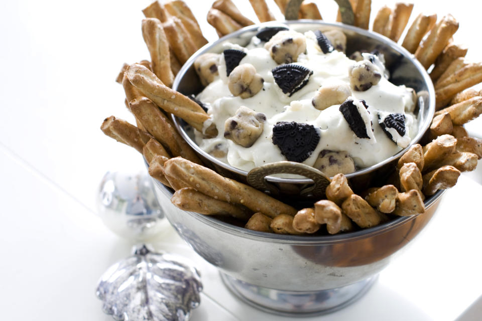 In this image taken on Dec. 3, 2012, chocolate chip cookie dough dip is shown in a serving bowl in Concord, N.H. (AP Photo/Matthew Mead)