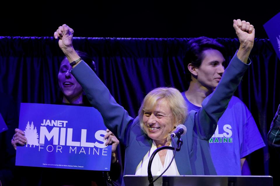 Democratic Gov. Janet Mills celebrates at her reelection party, Tuesday, Nov. 8, 2022, in Portland, Maine. Mills defeated Republican Paul LePage and independent Sam Hunkler.