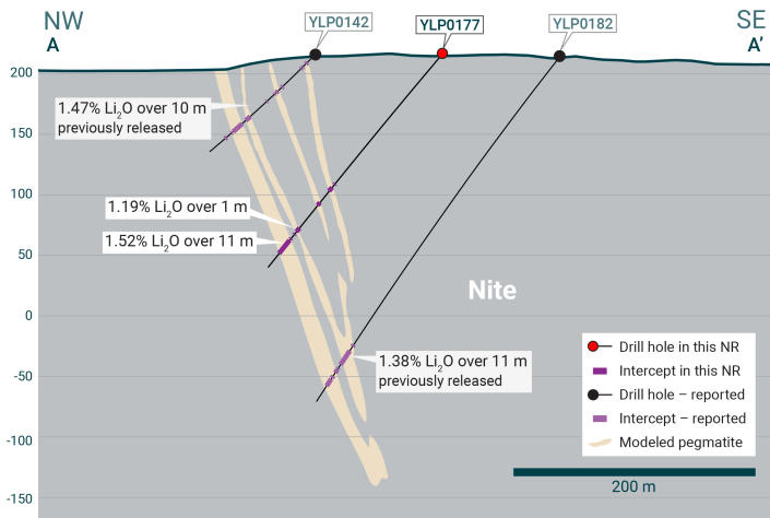 Cross-section illustrating YLP-0177 with results as shown in the Nite pegmatite dyke with a 11 m interval of 1.52% Li2O.