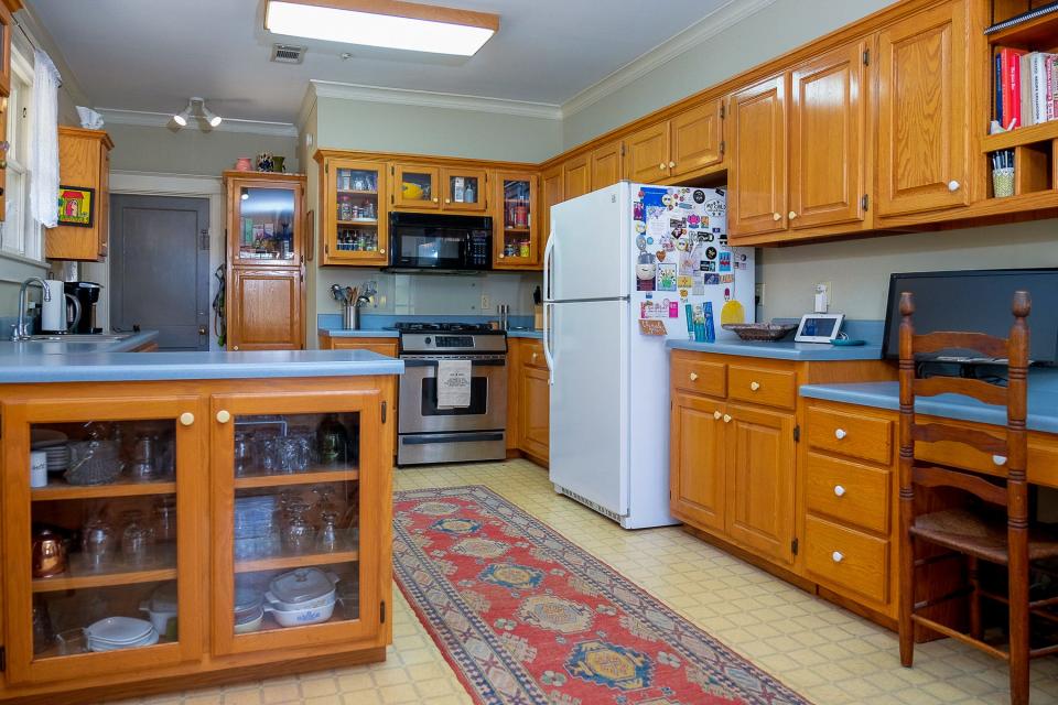 The kitchen is large and provides ample space for storage of the essentials.