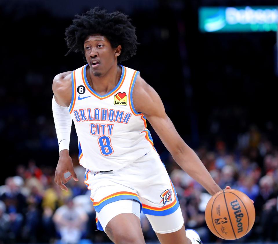 Oklahoma City's Jalen Williams (8) drives to the basket in the first half during the NBA basketball game between the Oklahoma City Thunder and the Atlanta Hawks at the Paycom Center  in Oklahoma City, Wednesday, Jan.25, 2023. 