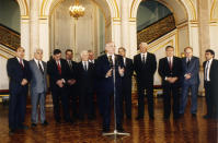 FILE - Soviet President Mikhail Gorbachev, center, surrounded by several leaders of the USSR’s republics, speaks after signing an economic union agreement at the Kremlin in Moscow, Russia, on Oct. 18, 1991. In that year, Gorbachev tried desperately to get the Soviet republics to abandon their push for independence, but a Dec. 8, 1991, agreement by leaders of Russia, Ukraine and Belarus declared that the Soviet Union ceased to exist. (AP Photo/Liu Heung Shing, File)