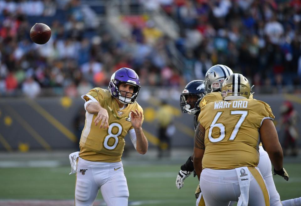 ORLANDO, FLORIDA - JANUARY 26: Kirk Cousins #8 of the Minnesota Vikings throws a touchdown pass in the second half of the 2020 NFL Pro Bowl at Camping World Stadium on January 26, 2020 in Orlando, Florida. (Photo by Mark Brown/Getty Images)