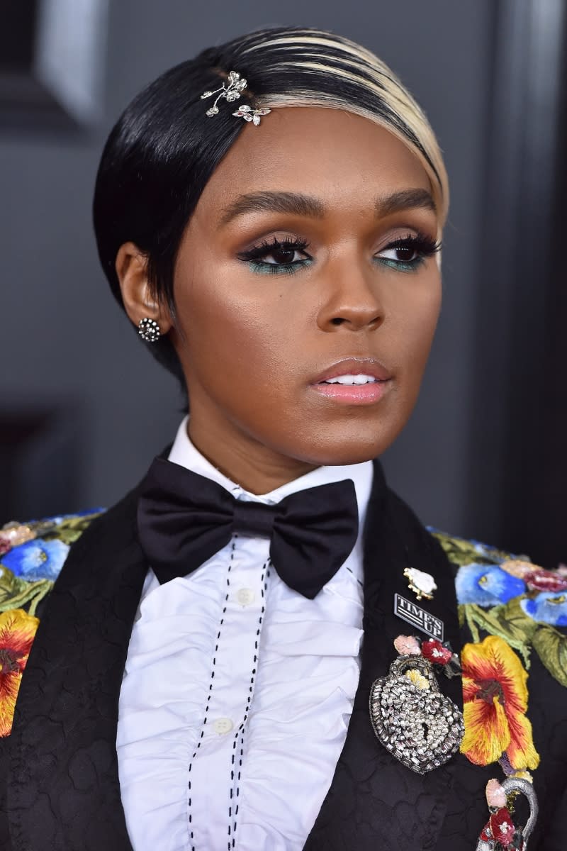 Janelle Monae - with blonde highlights - attends the 60th Annual GRAMMY Awards at Madison Square Garden on January 28, 2018 in New York City.