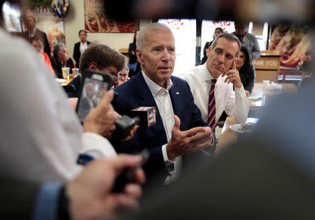 U.S. Democratic presidential candidate Joe Biden joins Los Angeles Mayor Eric Garcetti on a campaign stop in Los Angeles, California, U.S., May 8, 2019. REUTERS/Kyle Grillot