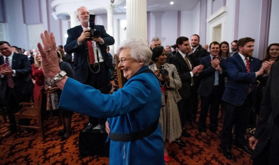 Governor Kay Ivey waves as she arrives for her State of the State address on Feb. 4, 2020. Ivey is a Camden native.