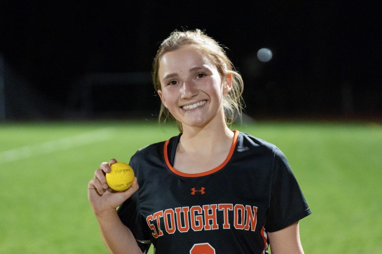 Stoughton's Morgan Groppi after scoring her 100th career point during a game against Sharon on Friday, May 3, 2024.