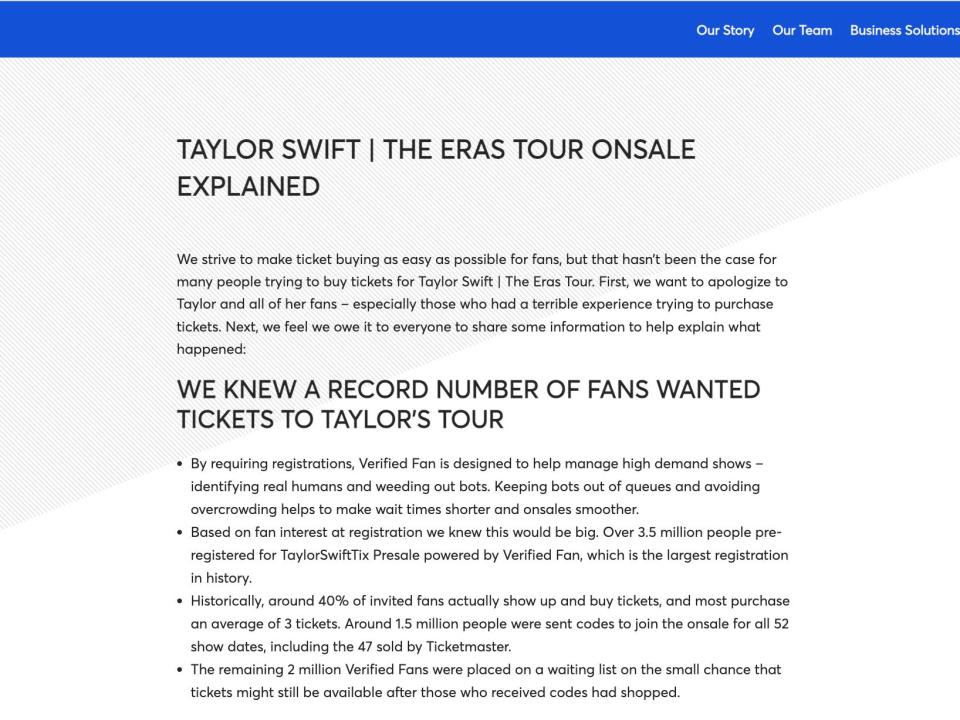 Ticketmaster statement regarding Taylor Swift The Eras Tour
