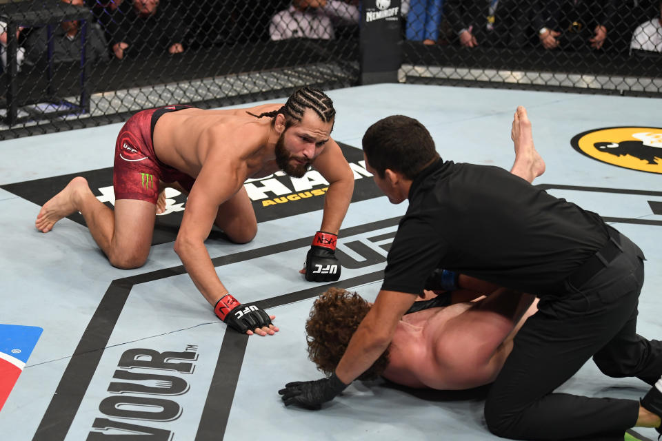 LAS VEGAS, NV - JULY 06: Jorge Masvidal talks to Ben Askren in their welterweight fight during the UFC 239 event at T-Mobile Arena on July 6, 2019 in Las Vegas, Nevada.  (Photo by Josh Hedges/Zuffa LLC/Zuffa LLC)