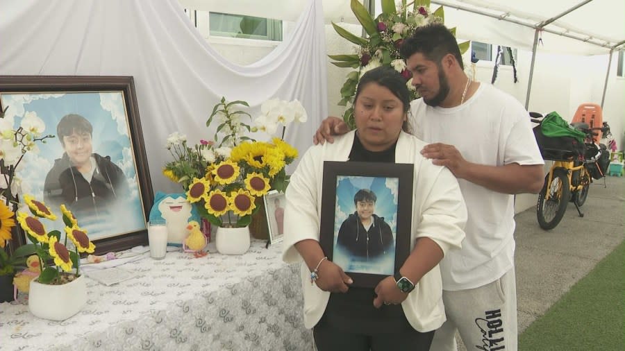 Claudia Gramajo mourns the death of her son, Derrick Serrano, on May 4, 2024. He was struck and killed by a driver in South Los Angeles. (KTLA)