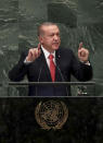 Turkey's President Recep Tayyip Erdogan addresses the 73rd session of the United Nations General Assembly, at U.N. headquarters, Tuesday, Sept. 25, 2018. (Presidential Press Service via AP, Pool)