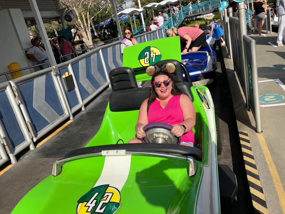 megan riding tomorrowland speedway at disney world