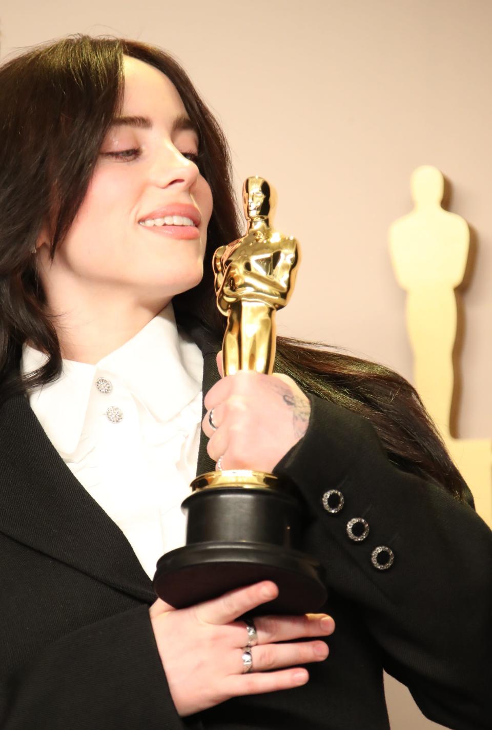 Billie Eilish is photographed March 10 with her Oscar after she won Best Original Song for 'What Was I Made For?' from 'Barbie,' at the Academy Awards.