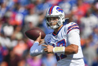 Buffalo Bills' Josh Allen (17) throws a pass during the first half of an NFL football game against the Cincinnati Bengals, Sunday, Aug. 26, 2018, in Orchard Park, N.Y. (AP Photo/Adrian Kraus)