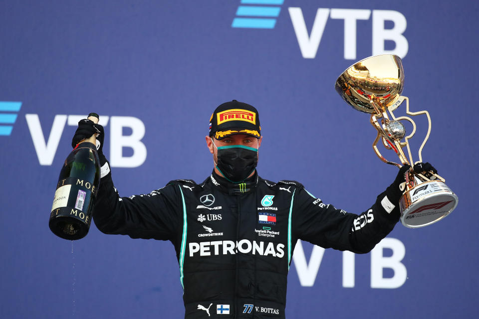 SOCHI, RUSSIA - SEPTEMBER 27: Race winner Valtteri Bottas of Finland and Mercedes GP celebrates on the podium during the F1 Grand Prix of Russia at Sochi Autodrom on September 27, 2020 in Sochi, Russia. (Photo by Bryn Lennon/Getty Images)