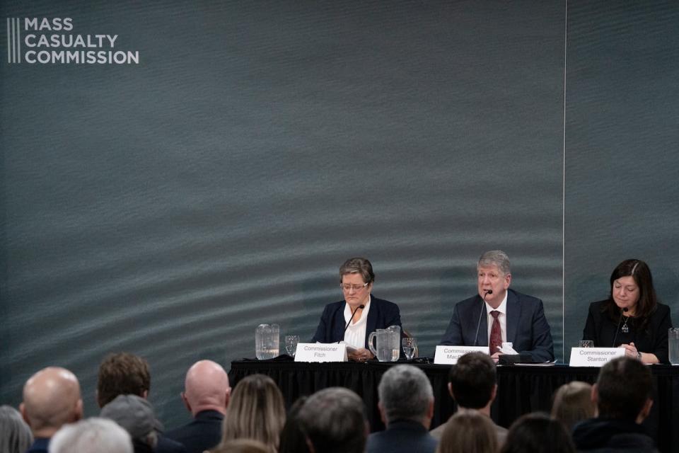 From left to right, commissioners Leanne Fitch, Michael MacDonald, chair, and Kim Stanton deliver the final report of the Mass Casualty Commission inquiry into the mass murders in rural Nova Scotia in Truro, N.S. on Thursday, March 30, 2023.