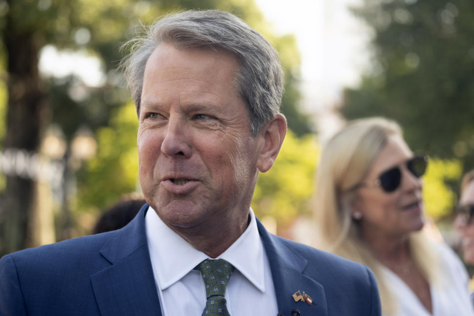 FILE - Georgia Gov. Brian Kemp speaks at The Neighborhood Lot on July 29, 2022, in McDonough, Ga. Having vanquished both a Donald Trump-backed Republican challenger and Democratic star Stacey Abrams to win reelection, Kemp is looking to expand his influence in his second term, free from the caricature of the gun-toting, pickup-driving, migrant-catching country boy that emerged during his first campaign for governor. (AP Photo/Megan Varner, File)