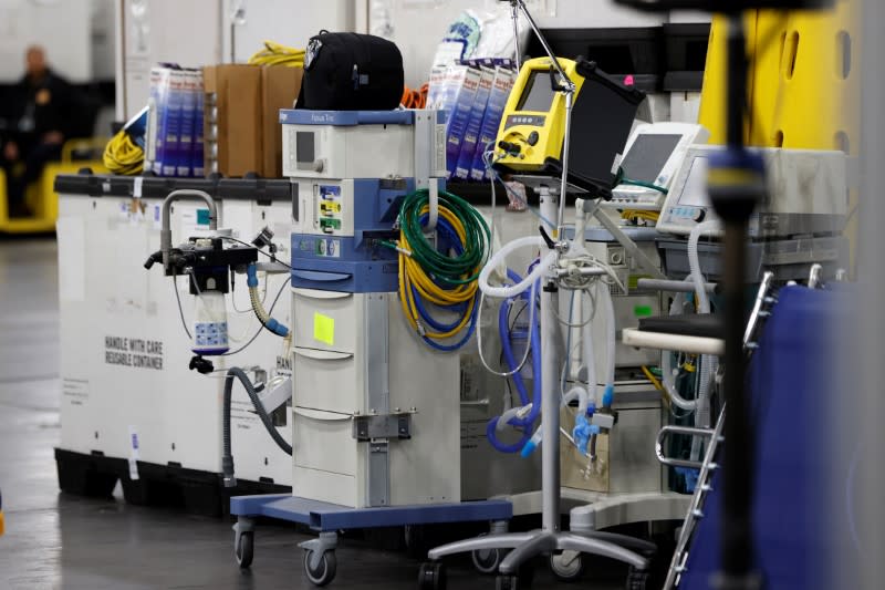 Medical equipment is seen inside the Jacob K. Javits Convention Center in Manhattan