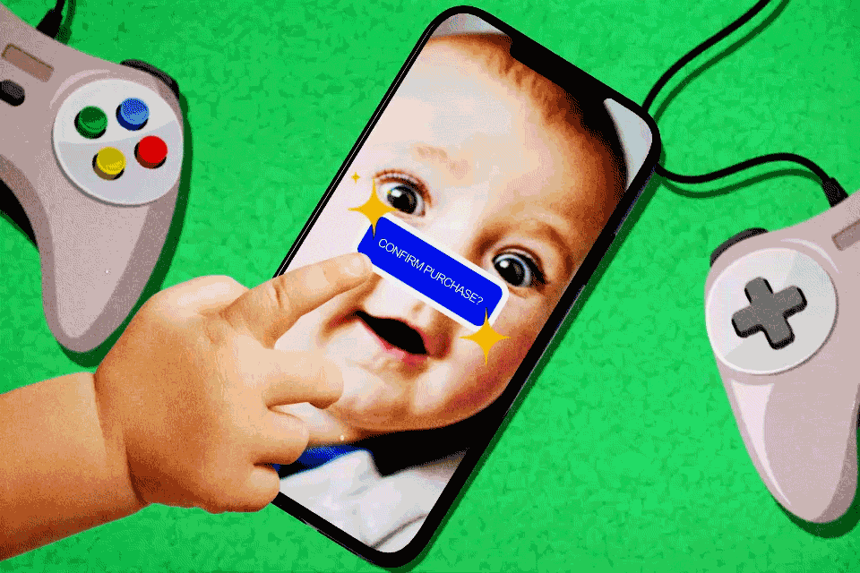 Animated image of smartphone with baby's face as background with baby's hand poised to press button that reads: Confirm purchase?