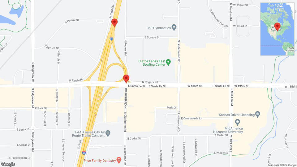 A detailed map that shows the affected road due to 'Heavy rain prompts traffic advisory on East Santa Fe Street in Olathe' on May 31st at 5:34 p.m.