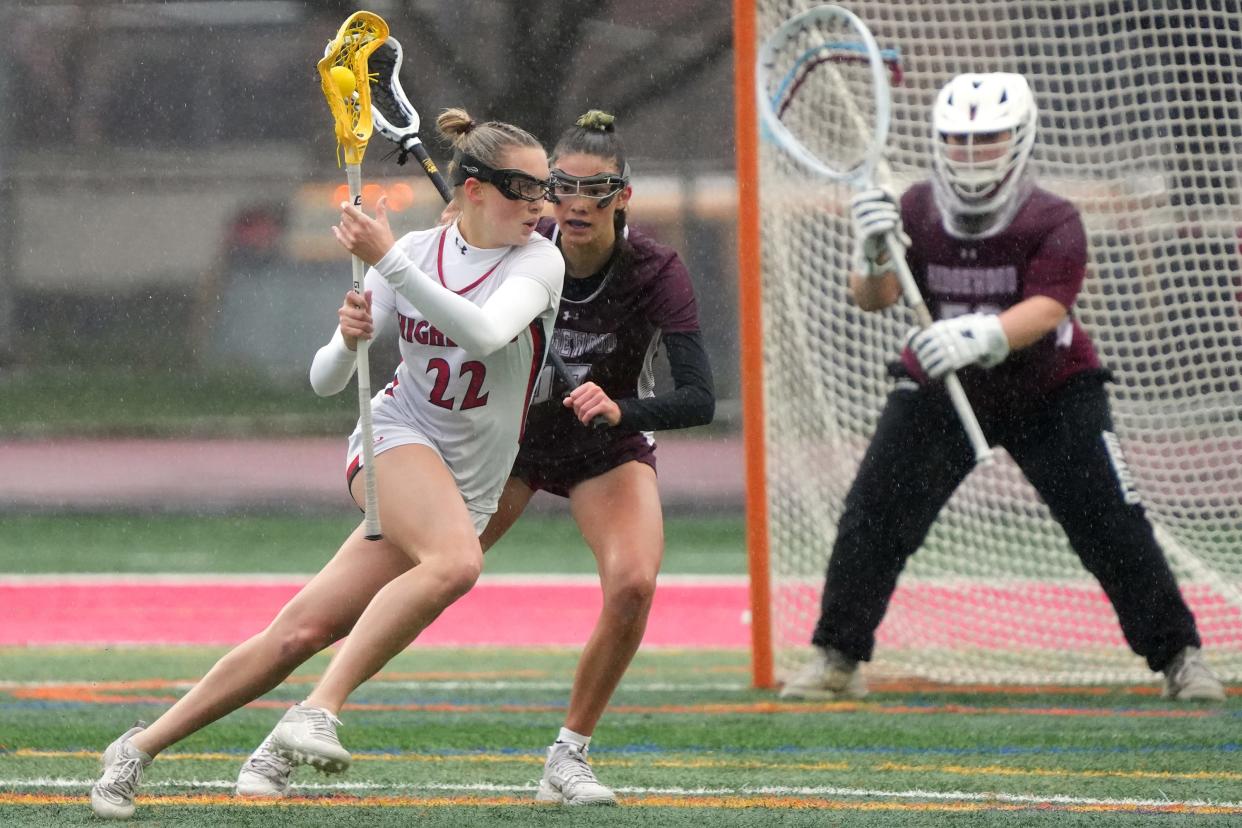 Maddie Willkomm, of Northern Highlands approaches the goal as McKenna Chanley, of Ridgewood, plays defense, Tuesday, April 2, 202, in Allendale.