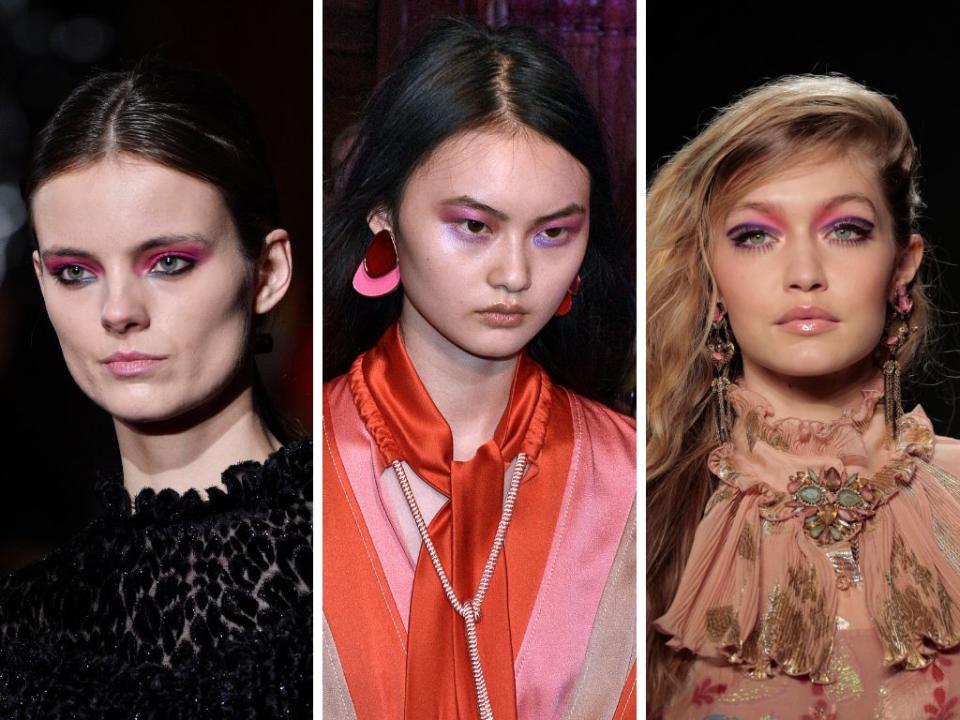 <a href="https://www.huffingtonpost.com/entry/pink-eye-makeup_us_5ab258f9e4b0decad045ccc8">Pink eye makeup has been very popular</a> for a while now, and it looks like the trend isn't going anywhere for the coming fall and winter months. This time, though, it gets an update with the addition of some purple shadow, as seen on the runways at Christian Siriano, Peter Pilotto and Anna Sui.<br /><br /><i>(Left to right: Christian Siriano, Peter Pilotto, Anna Sui)</i>