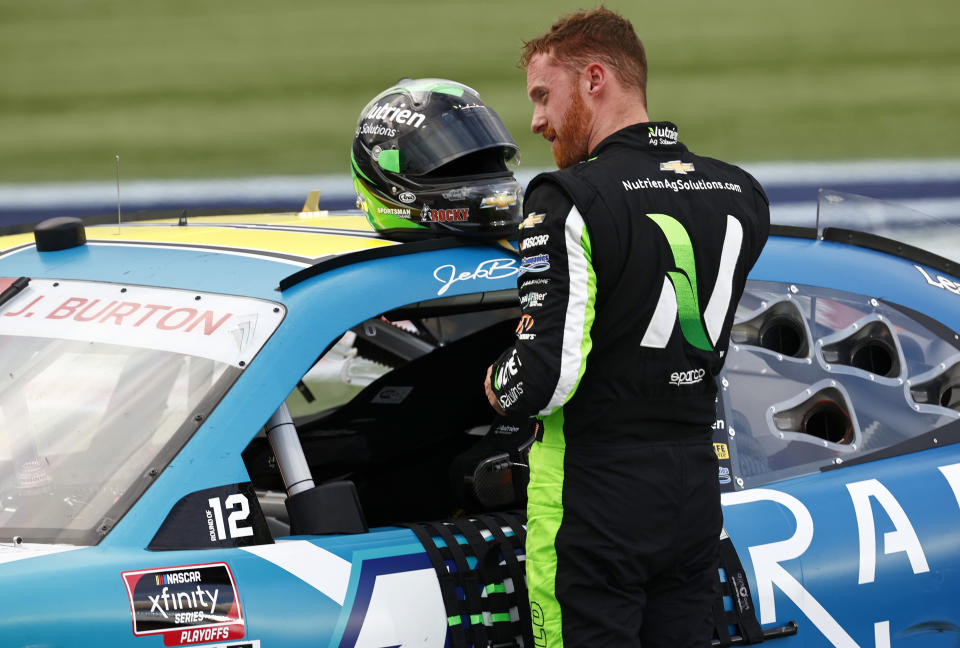 CONCORD, NORTH CAROLINA - OCTOBER 09: Jeb Burton, driver of the #10 Radiate Next Chevrolet, exits his car after the NASCAR Xfinity Series Drive for the Cure 250 presented by Blue Cross Blue Shield of North Carolina at Charlotte Motor Speedway on October 09, 2021 in Concord, North Carolina. (Photo by Jared C. Tilton/Getty Images) | Getty Images