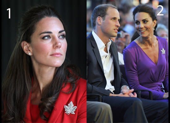 <strong>LOOK 1</strong>: Stuck on a red Catherine Walker coat during the couple's last hours in Canada.  <br>  <br><strong>LOOK 2</strong>: Pinned to a purple Issa dress on Canada Day. (Getty photos)