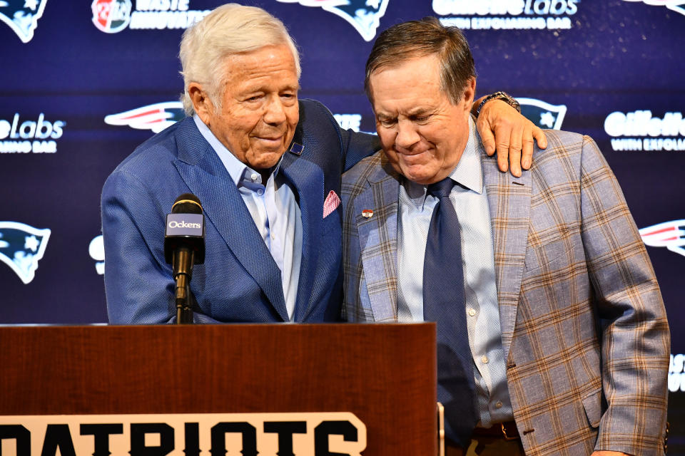 New England Patriots head coach Bill Belichick (R) and Patriots owner Robert Kraft speak to reporters where Belichick announced he is leaving the team during a press conference at Gillette Stadium in Foxborough, Massachusetts, on January 11, 2024. Belichick, the NFL mastermind who has guided the New England Patriots to a record six Super Bowl titles as head coach, is parting ways with the team after 24 seasons. (Photo by Joseph Prezioso / AFP) (Photo by JOSEPH PREZIOSO/AFP via Getty Images)