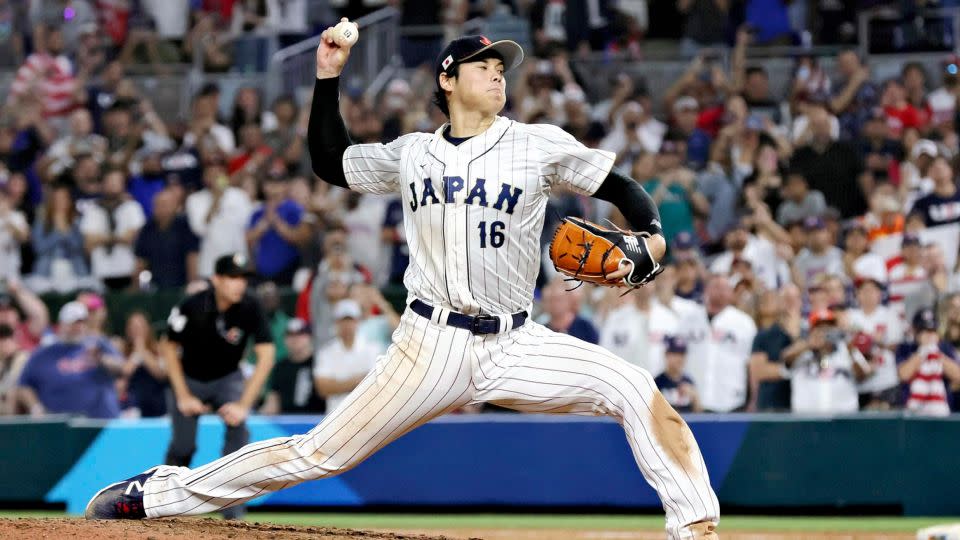 Ohtani pitches during the World Baseball Classic final against the United States earlier this year. - Shuhei Yokoyama/The Yomiuri Shimbun/AP