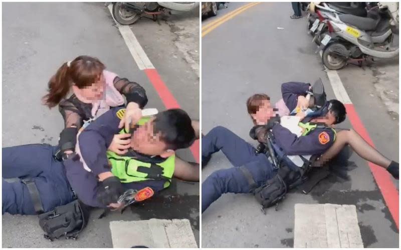 婦人不甘BMW遭拖吊，與警方產生爭執。（翻攝自「爆料公社」）