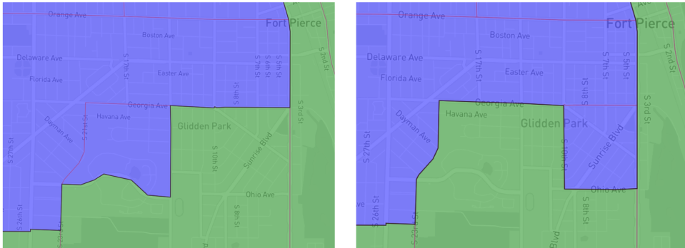 "The districts in the map at left have deviations of 848 people or 3.4%, for an overall range of 7.2%. At right, the districts have deviations of 985 people or 4.2%, for an overall range of 8.3%. These numbers, therefore, are well within the constitutional limits," The American Civil Liberties Union of Florida wrote in an April 15, 2022 letter to Fort Pierce.