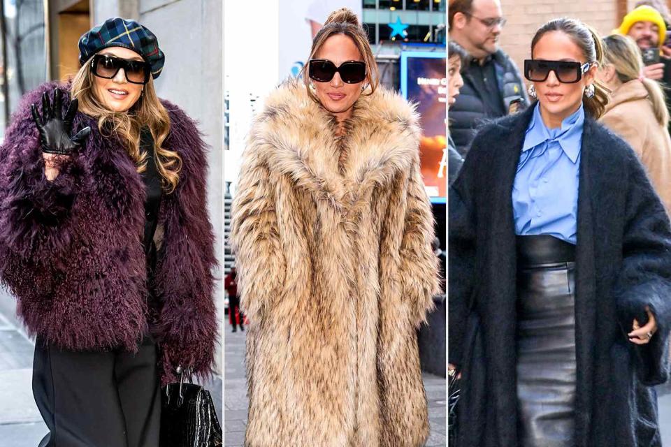 <p>Gilbert Carrasquillo/GC; Gotham/GC; METROPOLIS/Bauer-Griffin/GC</p> Jennifer Lopez wears three outfits in New York City on Feb. 15, 2024