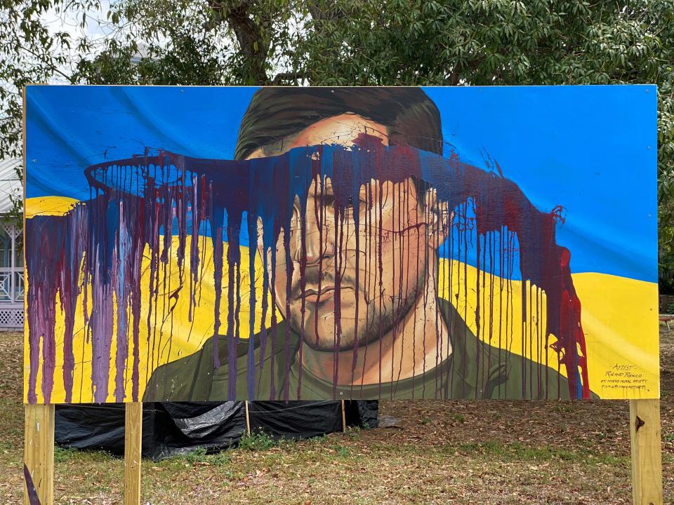Artist Roland Ruocco's mural portraying Ukraine president Volodymyr Zelenskyy was one of two murals found vandalized at the Alliance for the Arts. Ruocco has decided against repainting the mural. The damaged work makes a powerful statement against censorship, he says.