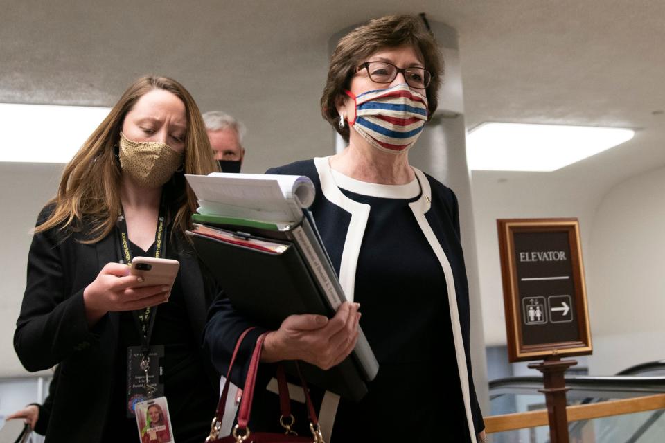 Republican US Senator Susan Collins arrives at the US Capitol for the fifth day of the second impeachment trial of former US President Donald Trump, on February 13, 2021, in Washington, DC. (Alex Edelman/AFP via Getty Images)