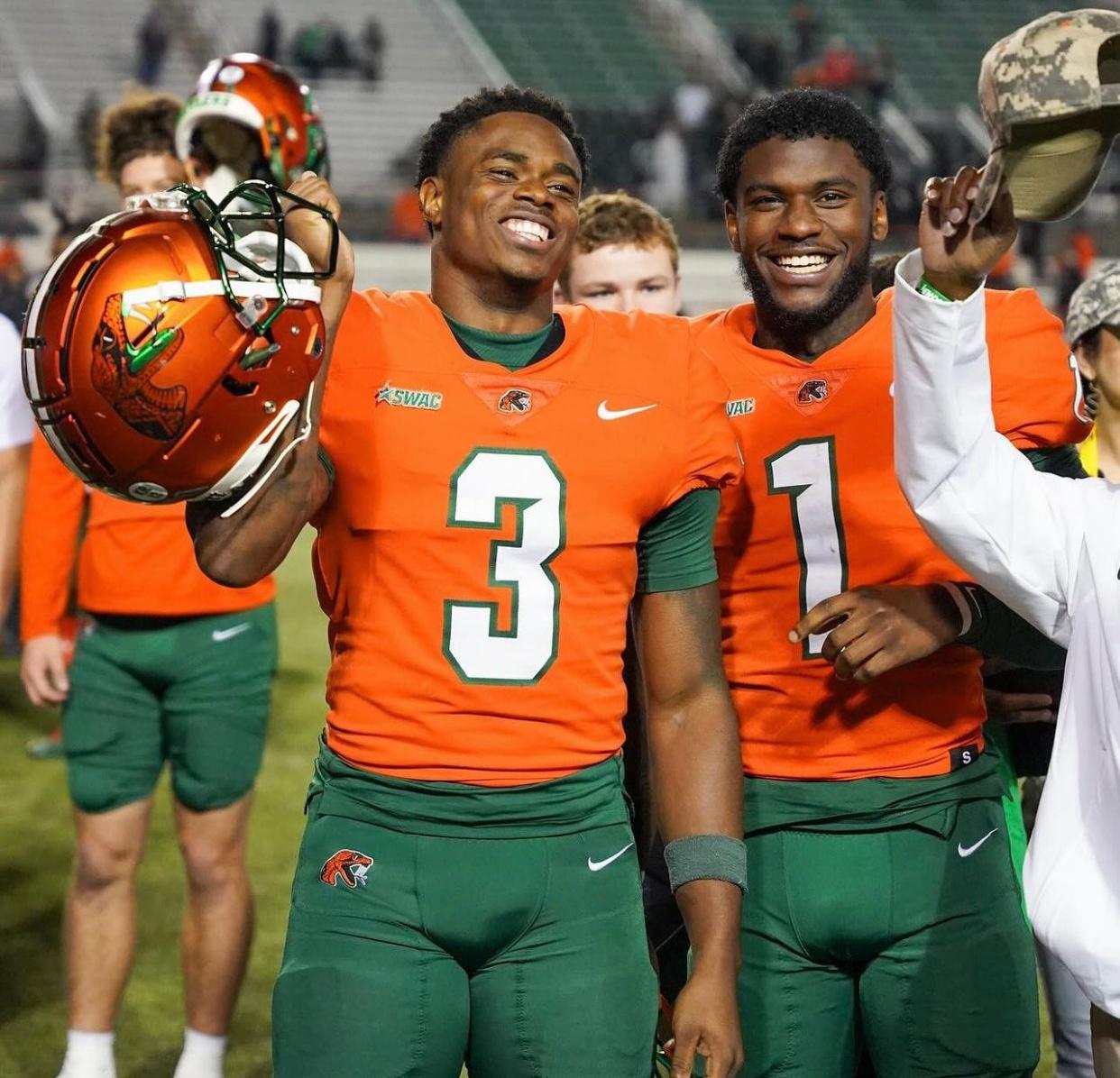 Florida A&M defensive backs Kendall Bohler (3) and Lovie Jenkins (1) rejoice after the Rattlers beat the Lincoln Oaklanders 28-0 in a Week 11 non-conference game on Ken Riley Field at Bragg Memorial Stadium in Tallahassee, Florida, Saturday, November 11, 2023.