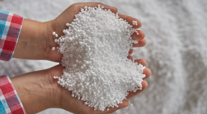 A photo of a person holding two large handfuls of urea, a fertilizer.