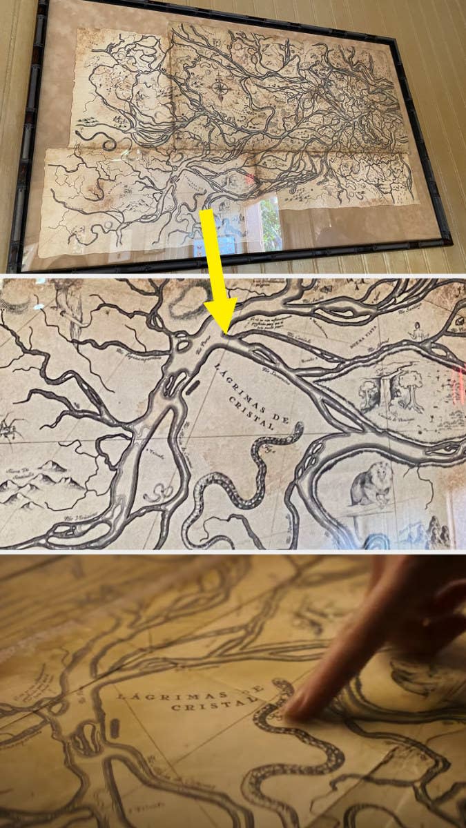 Ancient looking map in a frame compared to a closeup from the movie showing a snaking river