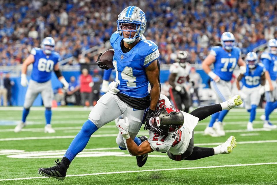 After a slow start in the opener, Lions wide receiver Amon-Ra St. Brown caught 11 passes for 119 yards in Week 2 vs. the Buccaneers.