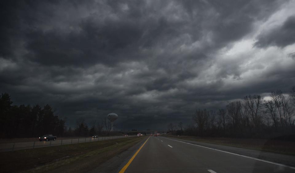 Heavy storm clouds blanket the sky over Delta Township Wednesday, April 5, 2023.