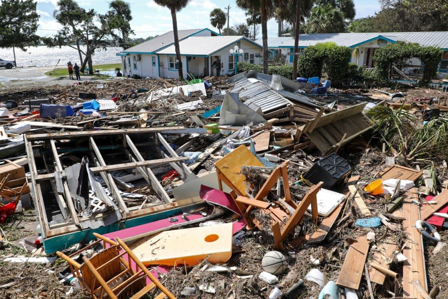 Damage to Faraway Inn is seen Wednesday, Aug 30, 2023, in Cedar Key Fla., in the wake of Hurricane Idalia. (Douglas R. Clifford/Tampa Bay Times via AP)