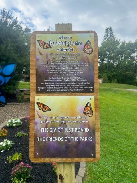 The sign at the Butterfly Garden in Silver Park welcomes visitors.