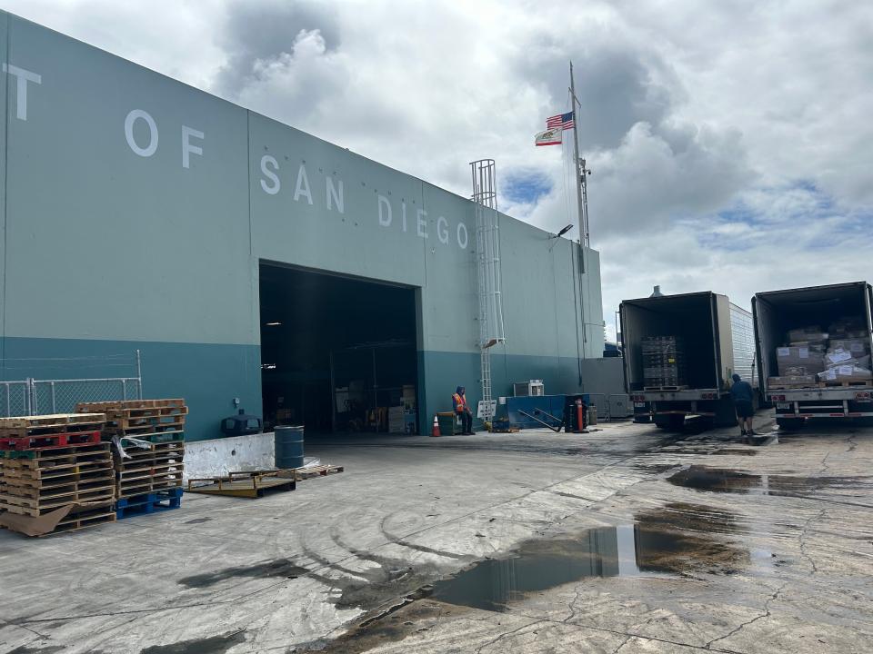 A truck carrying fresh fish arrives at the Port of San Diego.