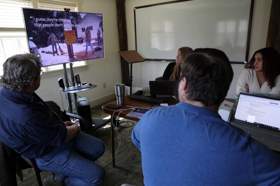 Professors and students in the Animal Advocacy Clinic at Pace University working to outlaw "wildlife killing contests" in New York watch a video during class April 19, 2023 in Pleasantville. 