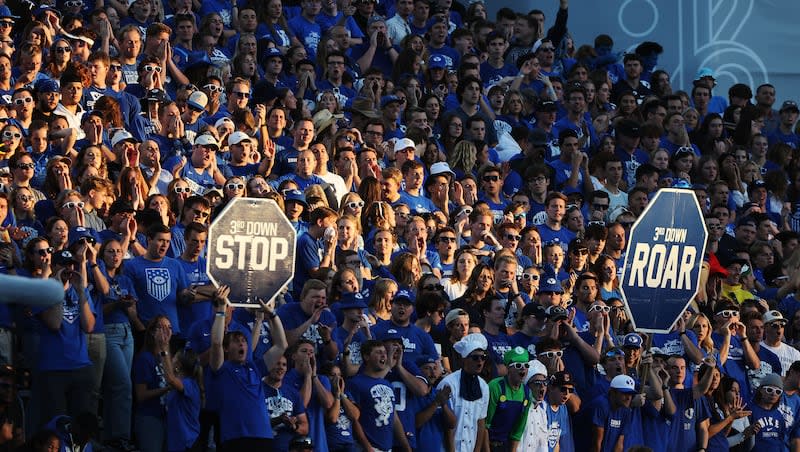BYU fans cheer against the Texas Tech Red Raiders in Provo on Saturday, Oct. 21, 2023. BYU won this game, but dropped its last five conference games during its first season in the Big 12.