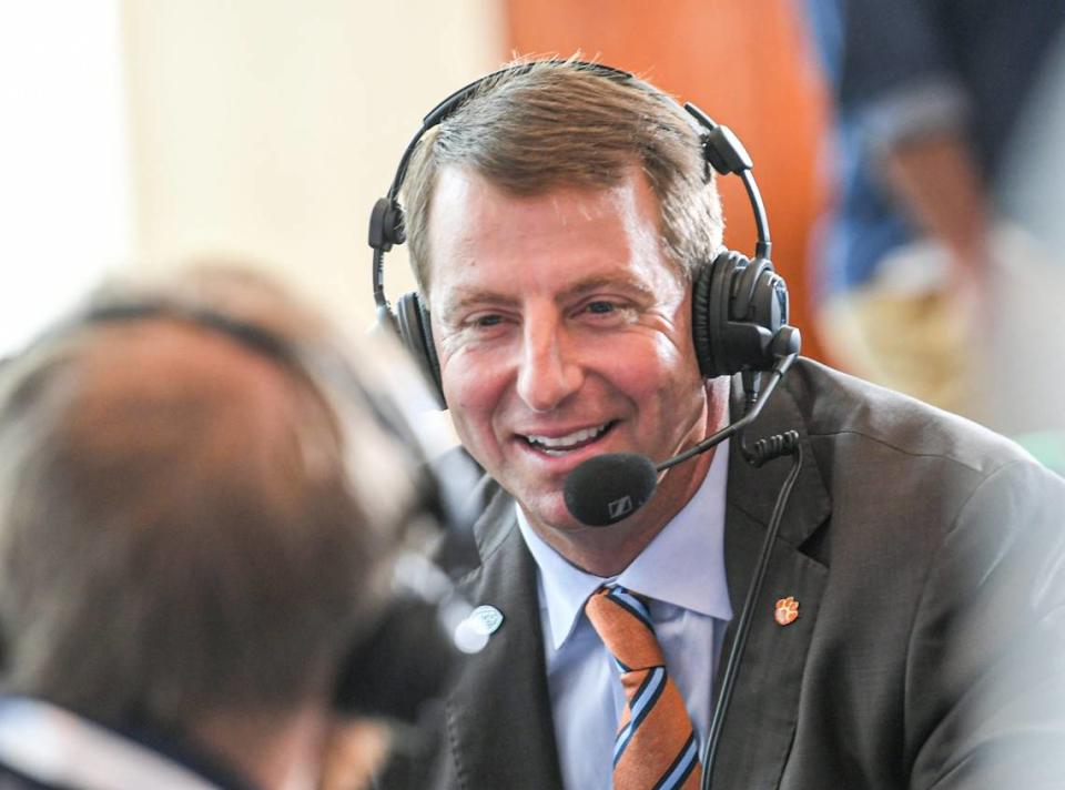 Clemson head coach Dabo Swinney talks on radio row during the ACC Football Kickoff in Charlotte, N.C. Wednesday, July 20, 2022. Acc Football Kickoff In Charlotte