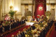 A state banquet hosted by Queen Elizabeth in honour of President of Singapore Tony Tan Keng Yam is pictured at Buckingham Palace in central London on day one of the President of Singapore's state visit to Britain October 21, 2014. The President of Singapore Tony Tan and his wife Mary Chee started a four day state visit to Britain on Tuesday REUTERS/Dominic Lipinski/Pool (BRITAIN - Tags: ROYALS ENTERTAINMENT)