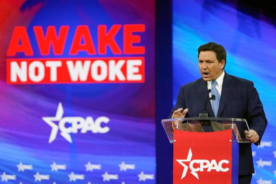 Florida Gov. Ron DeSantis speaks at the Conservative Political Action Conference (CPAC) Thursday, Feb. 24, 2022, in Orlando, Fla. The theme of the gathering was “awake not woke.”