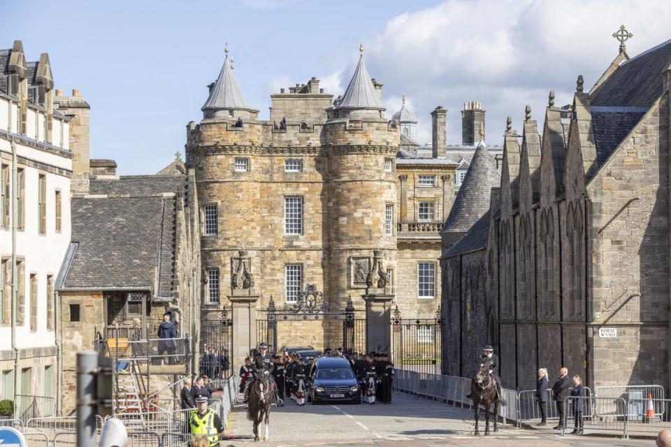 The King and members of the royal family join the procession of the Queen’s coffin from the Palace of Holyroodhouse, pictured, to St Giles’ Cathedral last Monday (Jamie Williamson/Daily Mail/PA) (PA Wire)